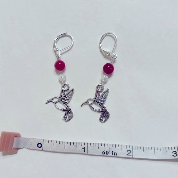 handmade 925 sterling silver pink hummingbird charm earrings leverback - Picture 4 of 5